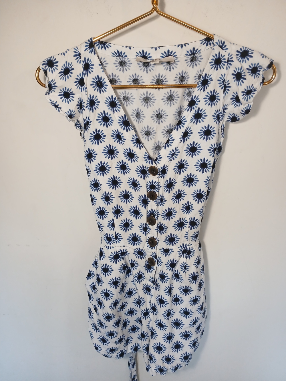 LOFT White with Navy Floral Tie-Waist Romper